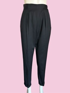 Vintage 80s Kenzo Black Wool HIgh Waisted Pleated Cinch Back Trousers Sz 40 6-8